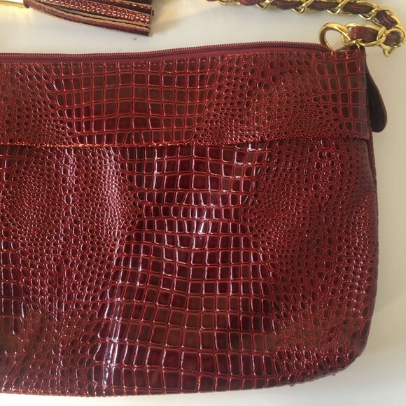 Purse Vecceli Italy Crocodile Print Handbag Gold Chain Handle Faux Burgundy Red - Picture 5 of 11